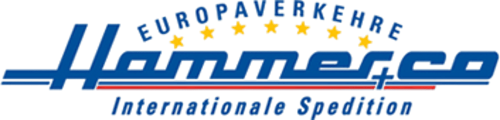 Blaues "Hammerco" Logo mit "EUROPAVERKEHRE" und 7 Sternen oben, "internationale Spedition" unten.